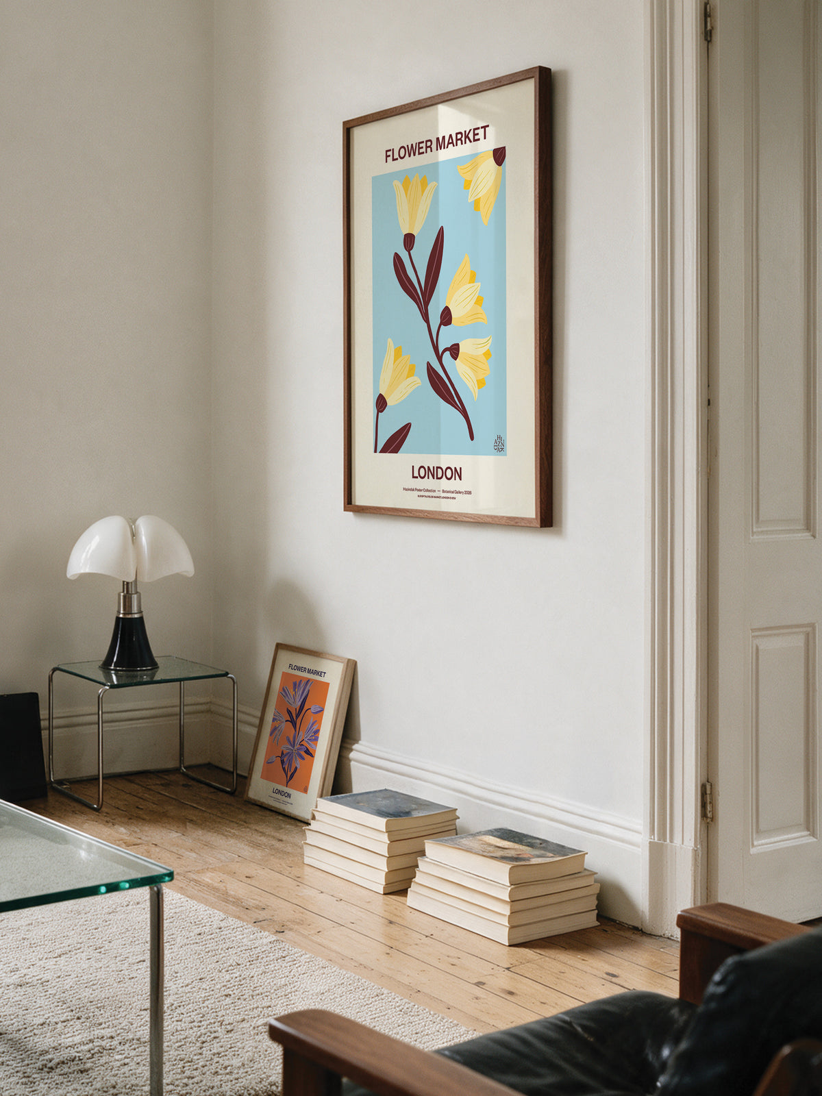 Flower Market London No.01 Sky floral wall art styled in a warm contemporary living room