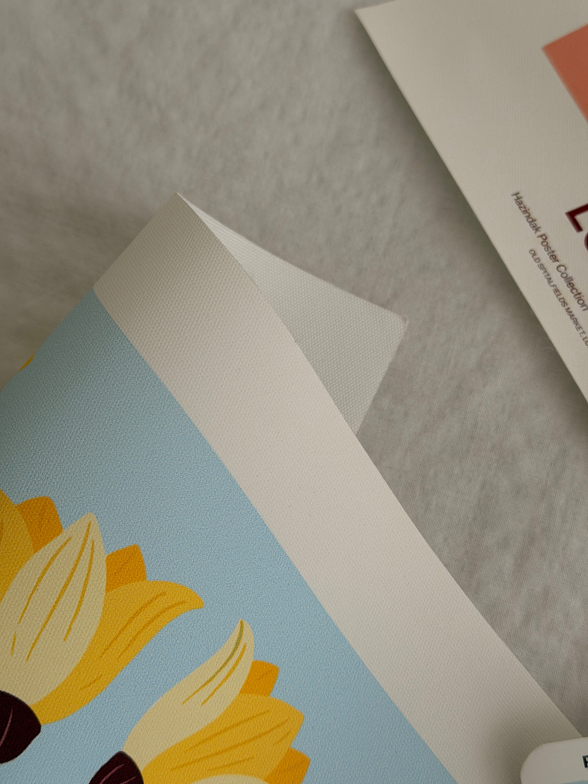 Close-up of Flower Market London No.01 Sky textured canvas print showing its matte woven finish
