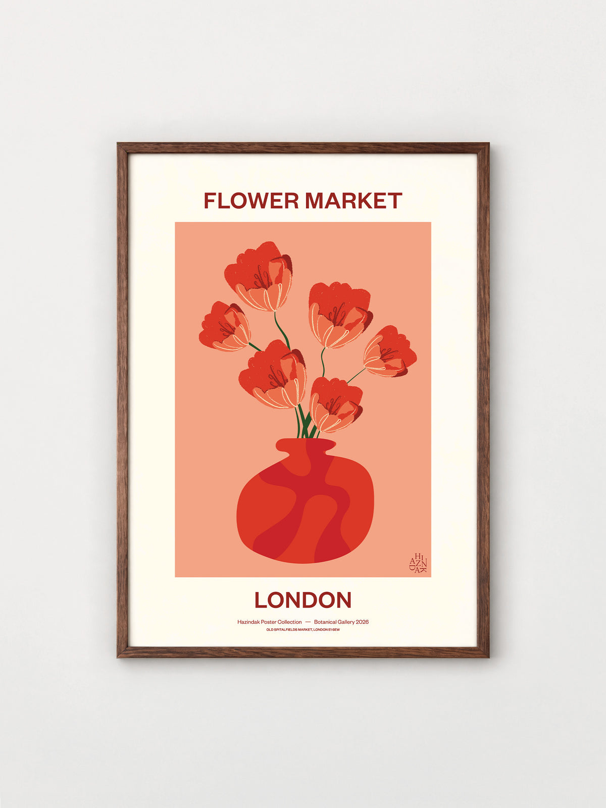 Flower Market London No.02 Poppy botanical canvas print with red flowers on a soft peach background