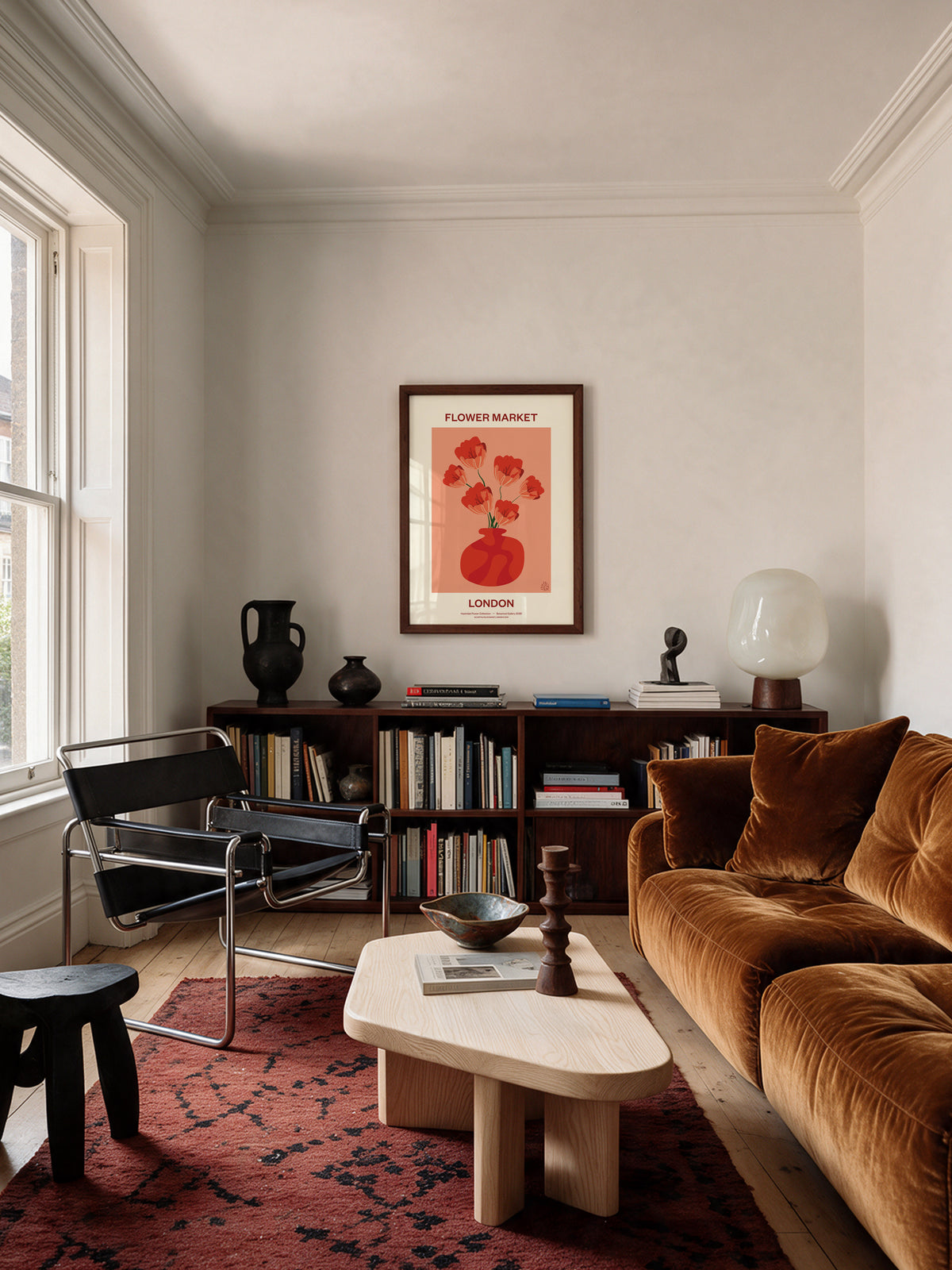Flower Market London No.02 Poppy botanical wall art styled above a bookcase in a modern living room