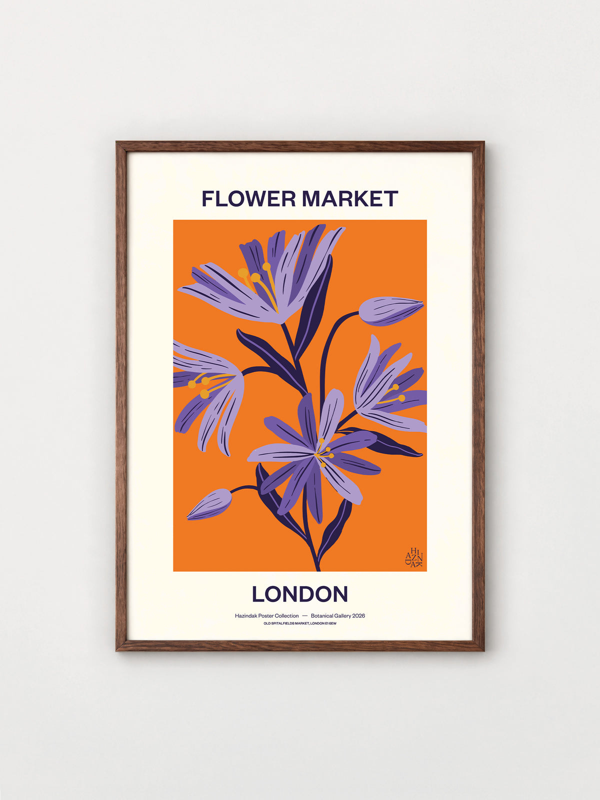 Flower Market London No.03 Violet botanical canvas print with purple flowers on a vivid orange background
