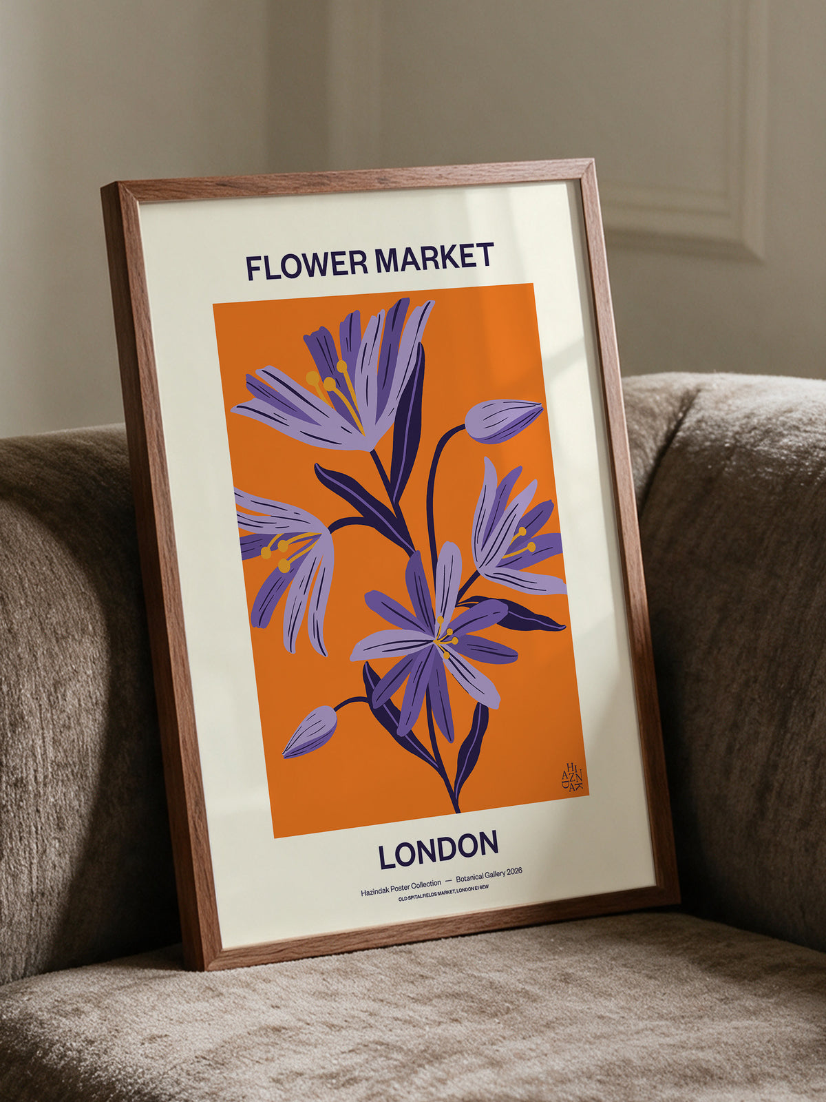 Flower Market London No.03 Violet canvas print styled in a walnut frame on a neutral armchair