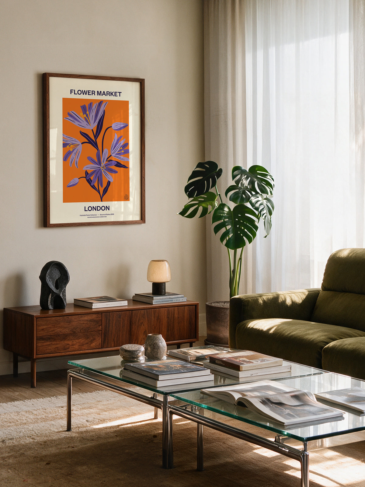 Flower Market London No.03 Violet colourful wall art styled in a contemporary living room with green accents