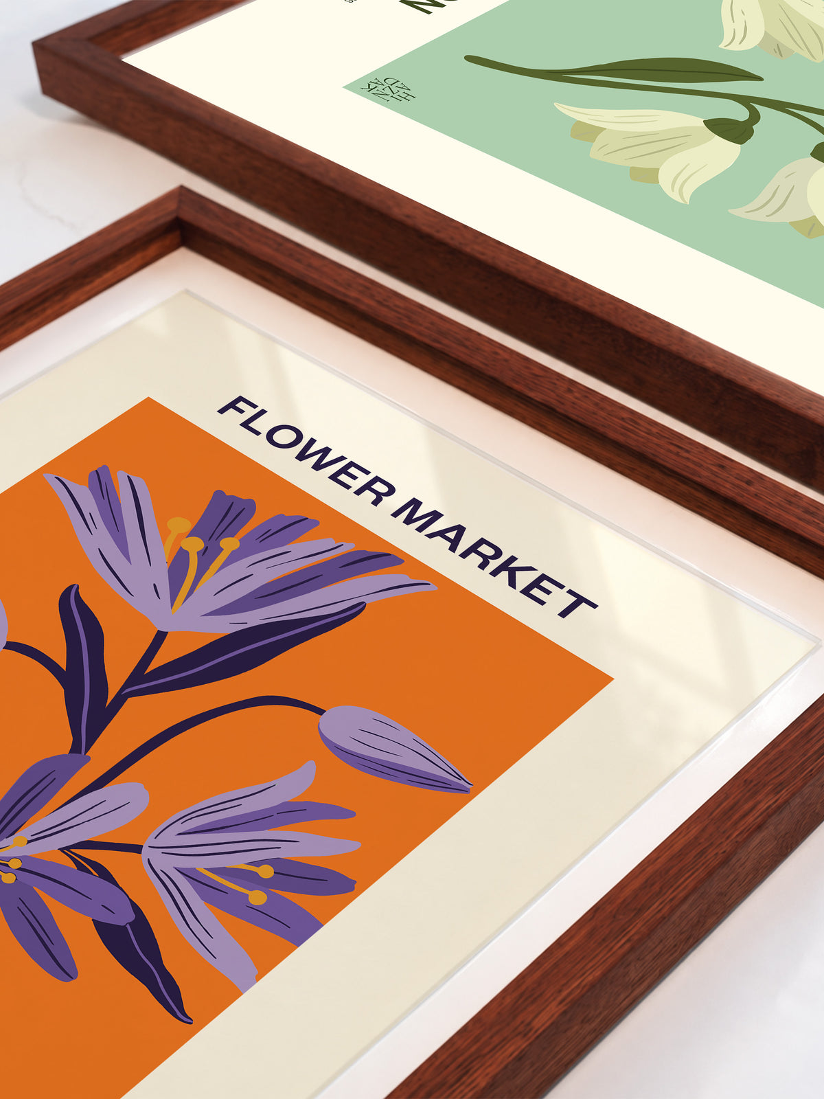 Close-up of Flower Market London No.03 Violet floral wall art with purple flowers and vivid orange colour