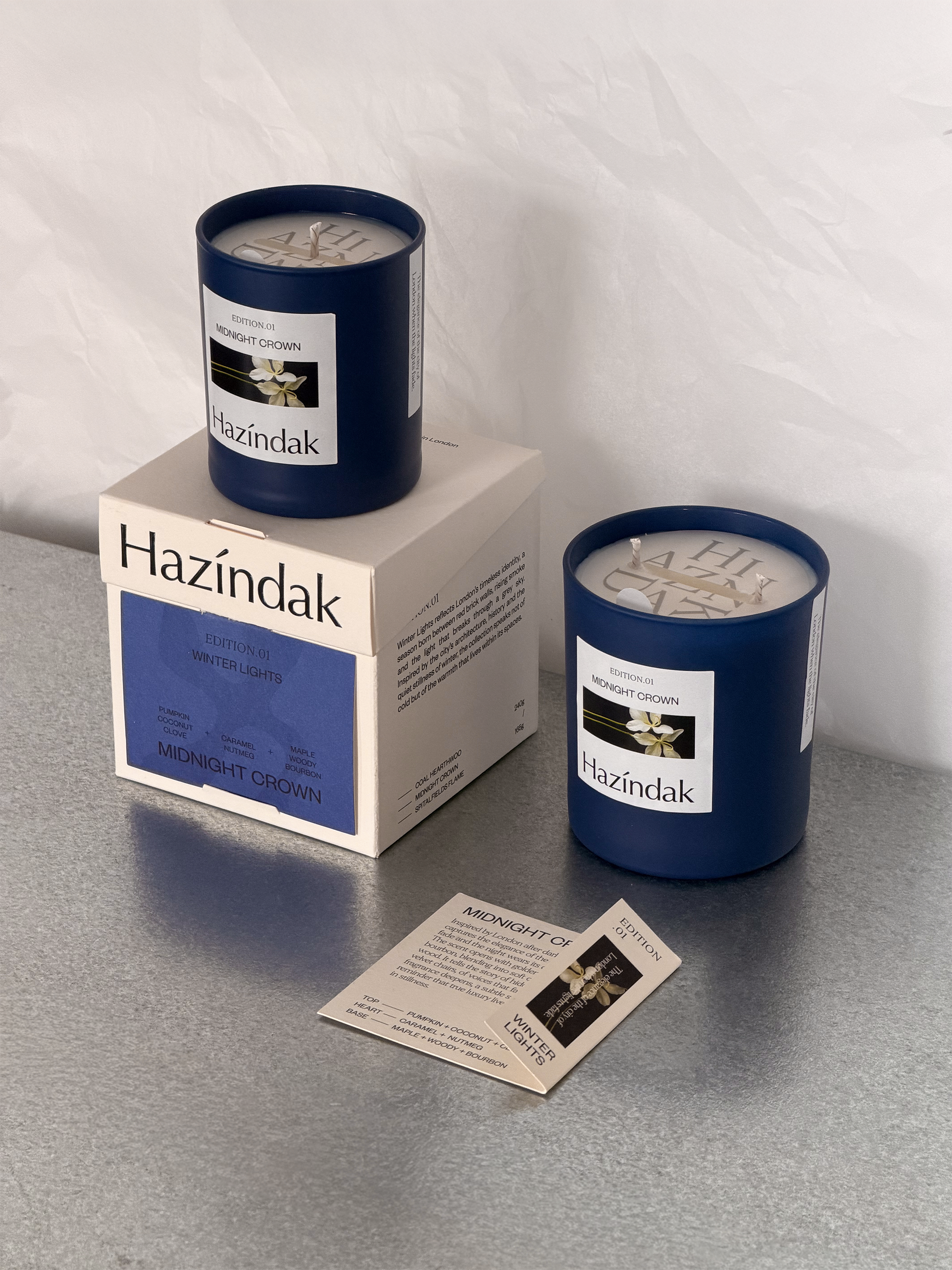 Hazindak Midnight Crown premium scented soy candle, minimalist home fragrance designed in London.