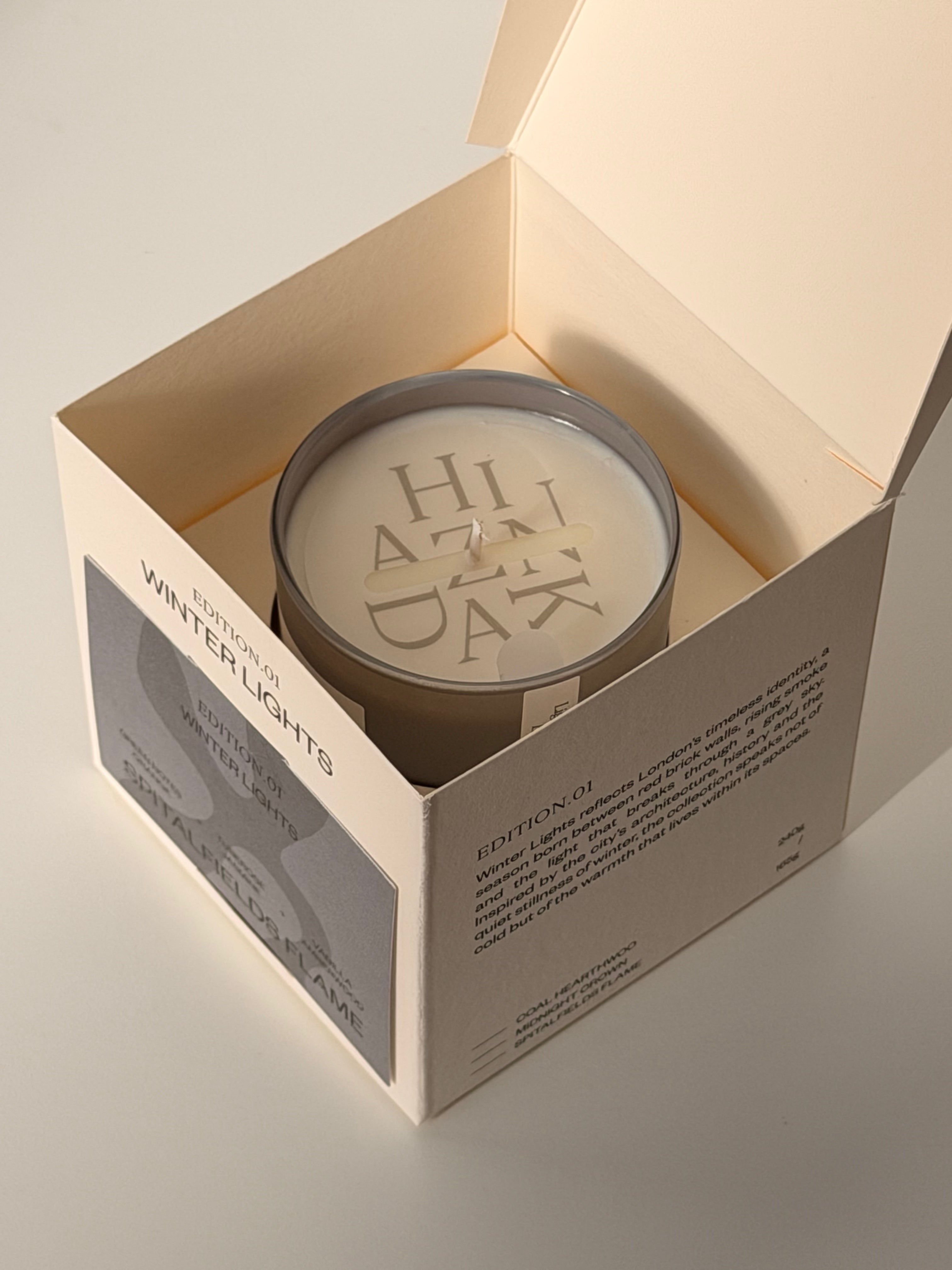 Hazindak luxury candle gift packaging and minimalist unboxing experience from our London studio.