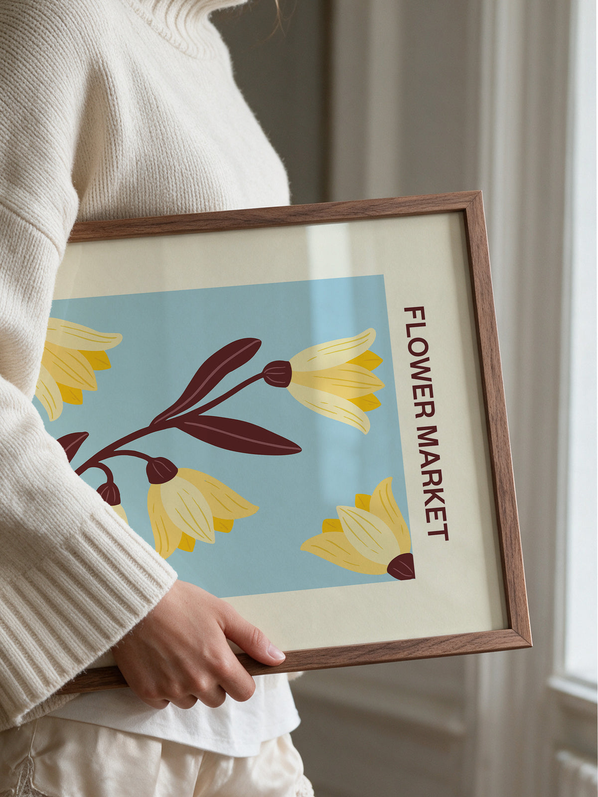Flower Market London No.01 Sky canvas print held in a walnut frame, with yellow flowers on a sky-blue background