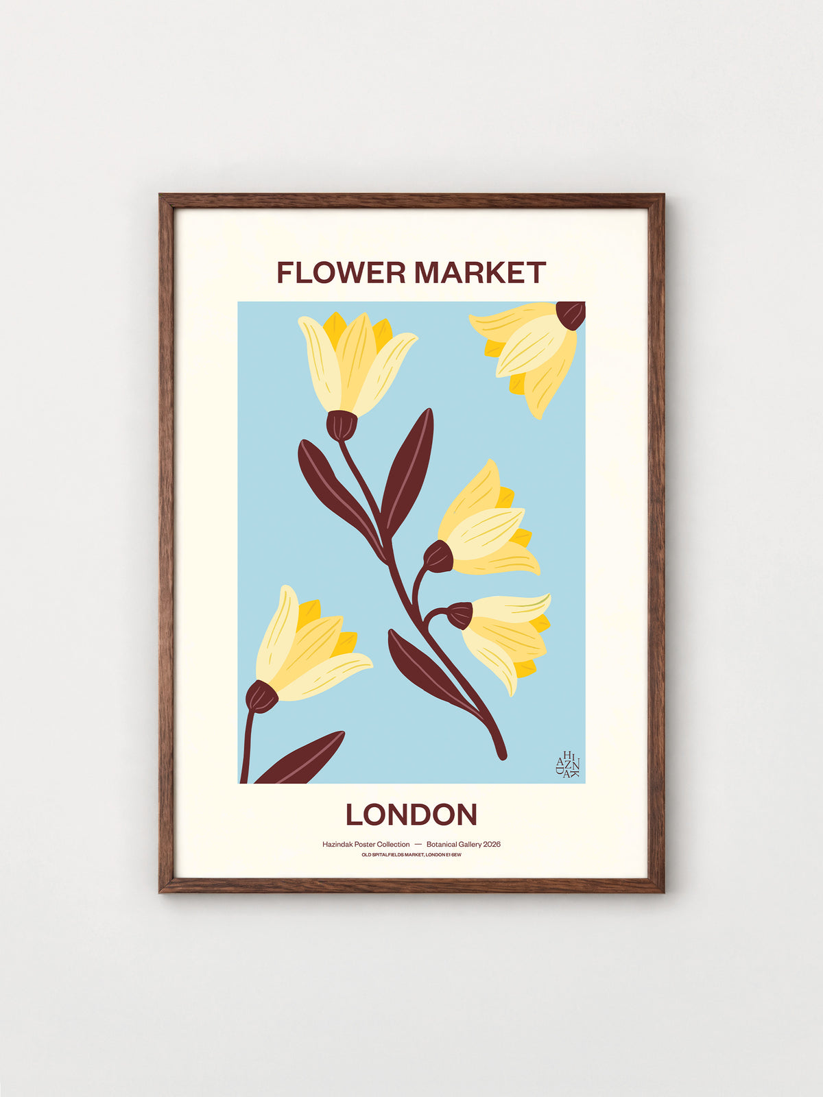 Flower Market London No.01 Sky botanical canvas print by Hazindak in a walnut frame on a white wall