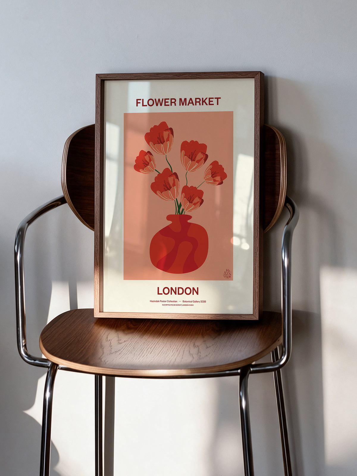 Flower Market London No.02 Poppy canvas print displayed in a walnut frame on a wooden chair