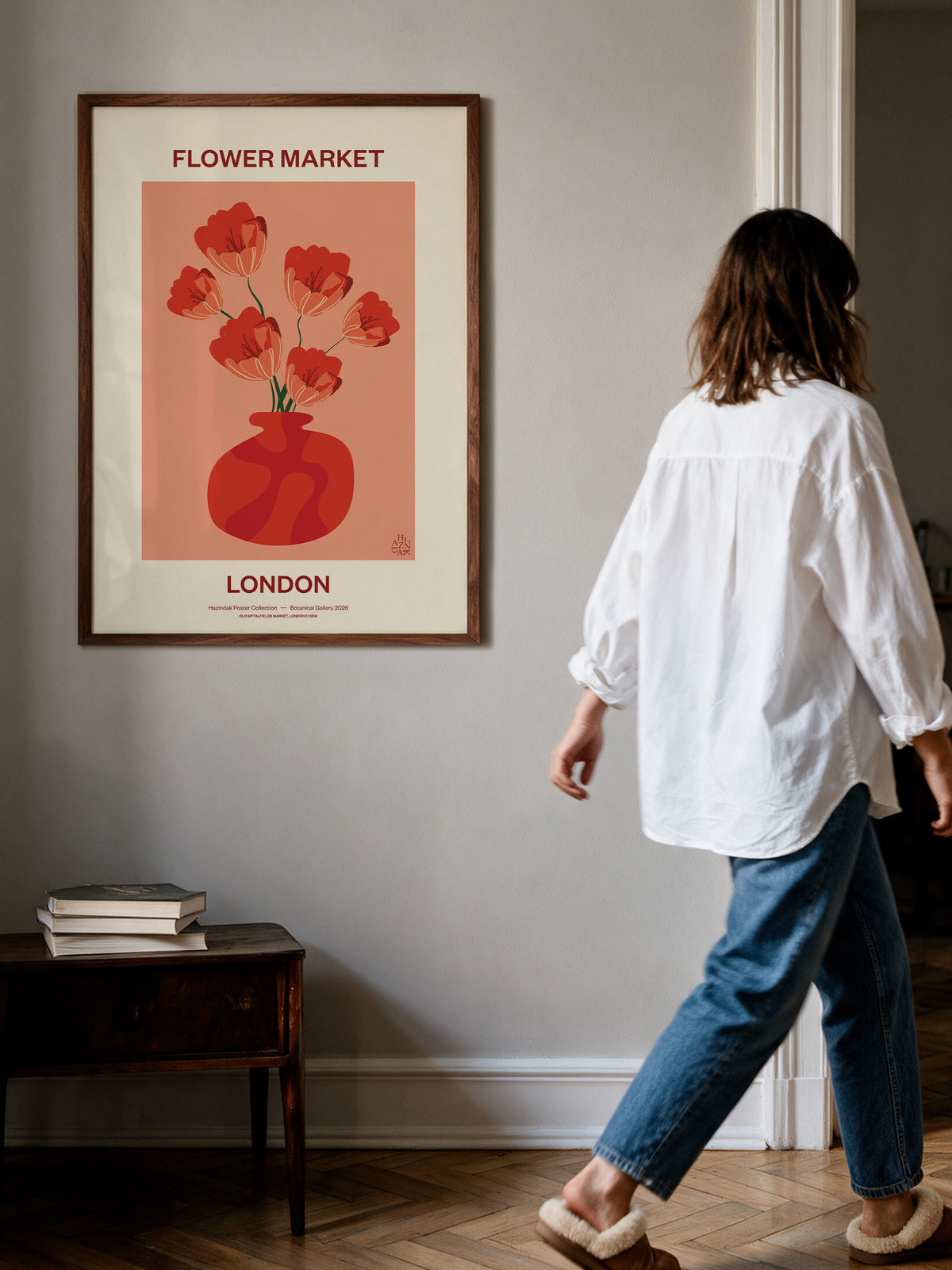 Flower Market London No.02 Poppy floral wall art styled in a warm contemporary home interior