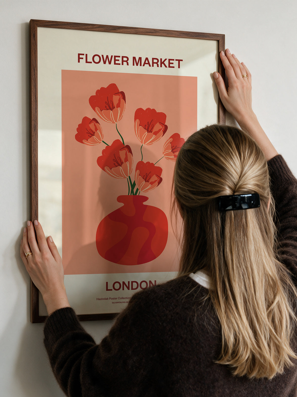 Flower Market London No.02 Poppy floral wall art being styled in a walnut frame