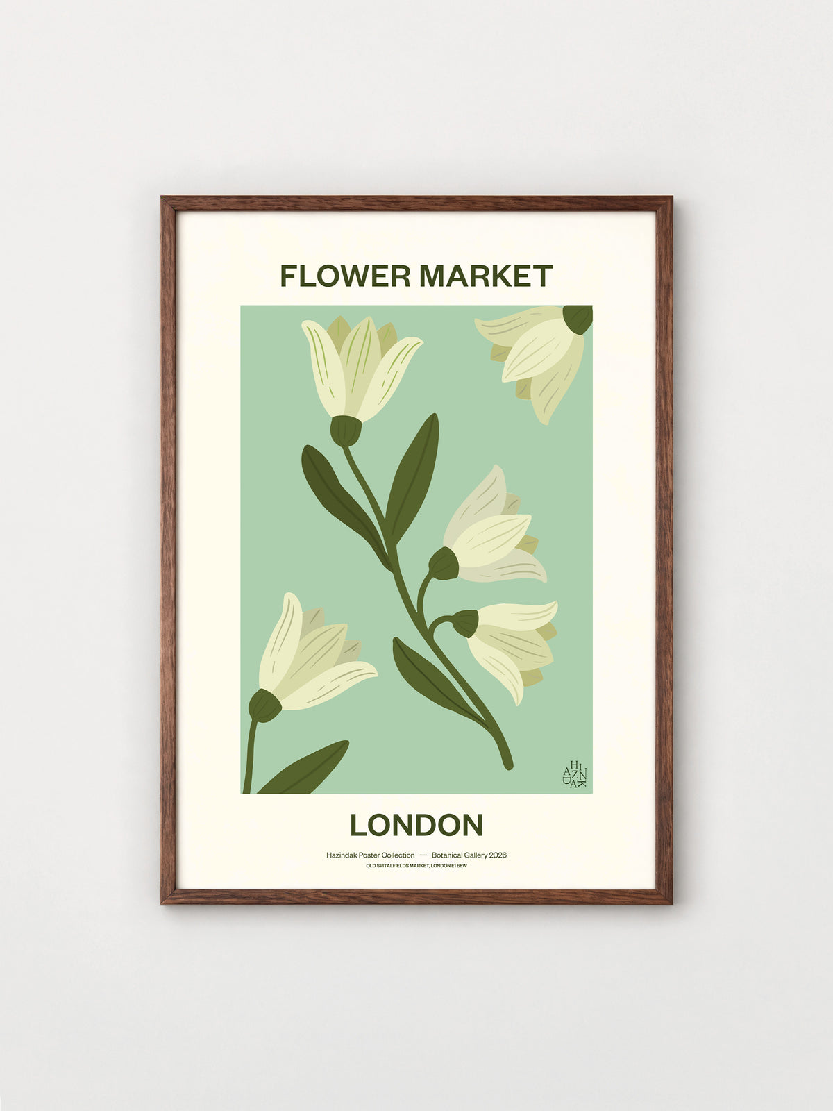 Flower Market London No.04 Sage botanical canvas print with cream flowers on a muted sage-green background