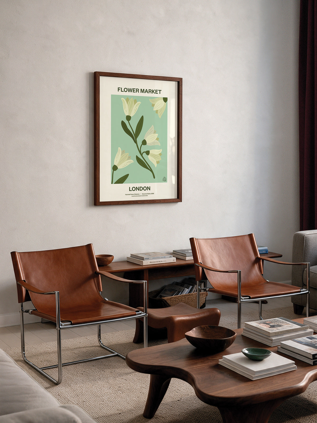 Flower Market London No.04 Sage botanical wall art styled in a warm contemporary living room