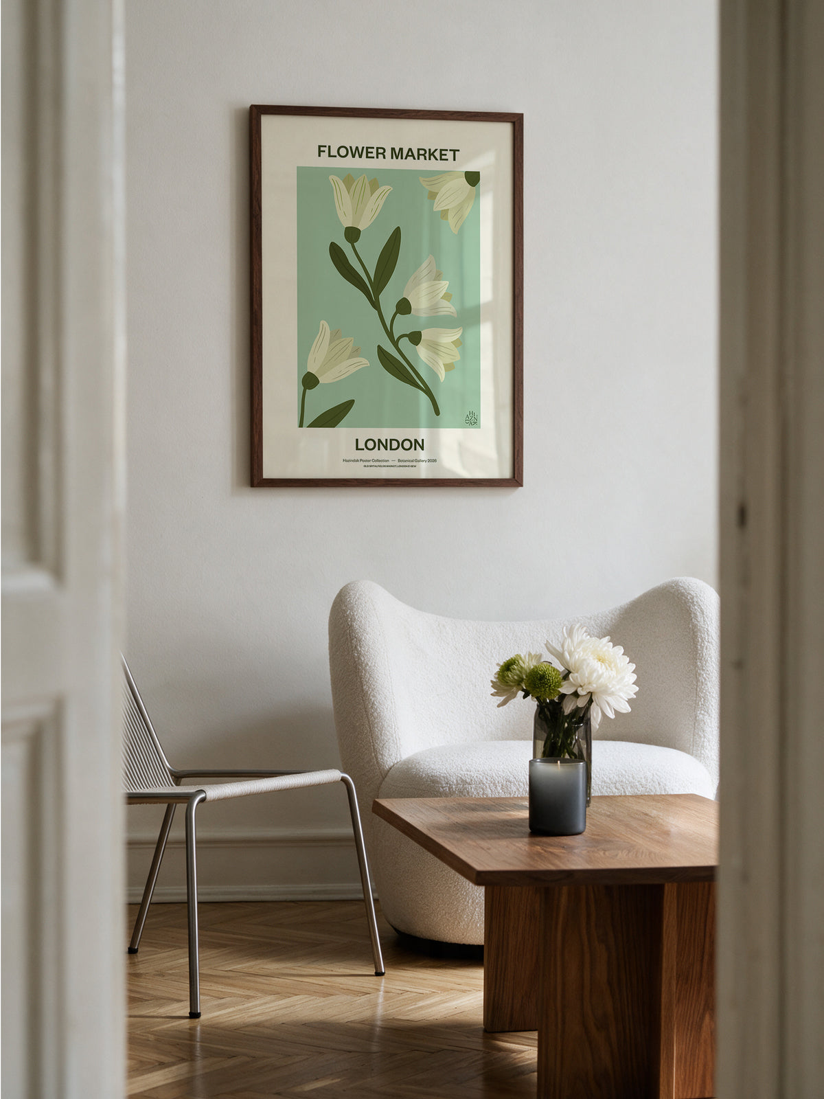 Flower Market London No.04 Sage botanical wall art styled in a calm neutral interior with cream and wood tones